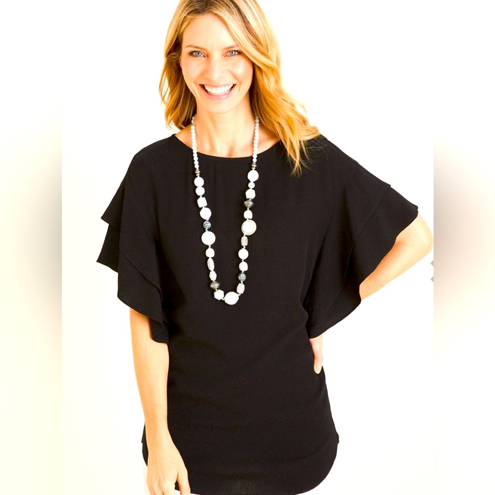 Chico’s Black Flutter Sleeve Pullover Blouse Rayon Crinkle Texture Size 0 SMALL